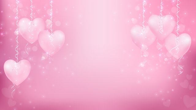 Abstract background valentines or for cerebration work included pastel color or soft pink, hearts hanging on the left and right, ribbon tie on each heart and some shape of  flare as heart, circle