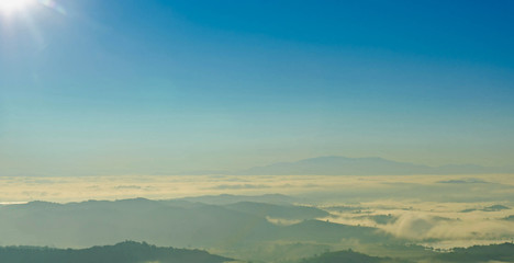 Landscape of mountain with the clouds and fog, Top view of the haze on the mountain, The foggy morning at the mountain.