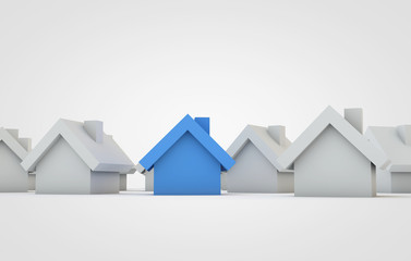 Housing concept. Blue home stands out from others. 3D Rendering