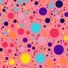 Memphis style polka dots seamless pattern on coral background. Comely modern memphis polka dots creative pattern. Bright scattered confetti fall chaotic decor. Vector illustration.