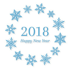 2018 and Happy New Year concept with blue snowflakes around it in circle shape. Abstract wreath and seasonal design on white background.