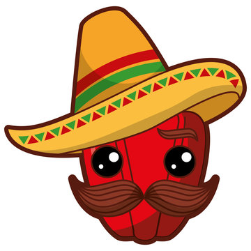 fresh pepper with mexican hat kawaii character vector illustration design