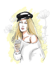 Stylish young woman in a cap. Fashion woman portrait. Model posing with a cup of coffee. Hand drawn sketch. Vector illustration.