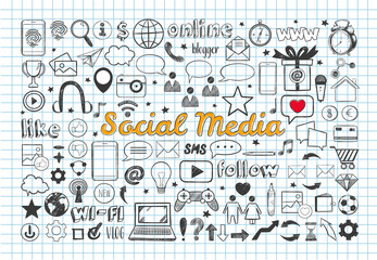 Social Media icons set. Vector hand drawn isolated objects. Doodle and sketch style .
