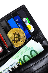 Open wallet with bitcoin coin and euro banknotes isolated on white background