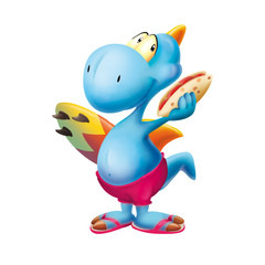 Blue dinosaur the surfer, surfboard, surfing, wave, animal, cartoon, dinosaur, food