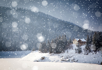 Fototapeta na wymiar christmas background of snowy winter landscape