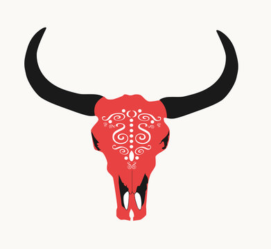 Animal skull, cow's head vector illustration red color 