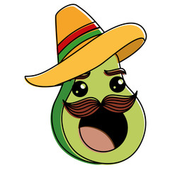 fresh avocado with mexican hat kawaii character vector illustration design
