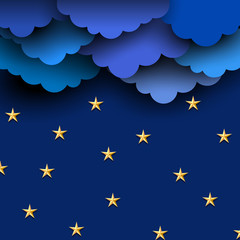 Paper blue clouds on night sky with paper stars