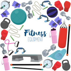 Set of fitness accessories, sketch cartoon illustration of gym equipment for home exercise. Vector