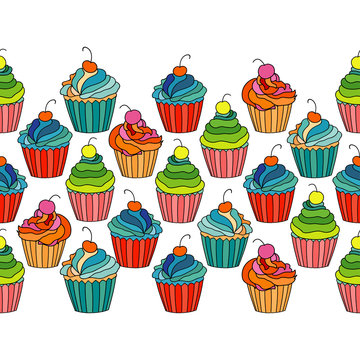 Sweet cape cakes seamless pattern on white background. Textile rapport.