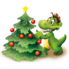 Green monster Christmas tree, Dragon, alien, cute mascot Christmas ball