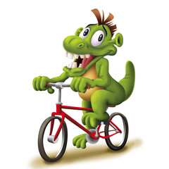 Fototapeta na wymiar Green monster on bike, Dragon, alien, cute mascot on bicycle