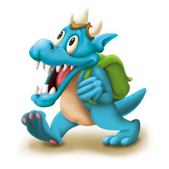 Fototapeta na wymiar Happy blue monster with backpack, Dragon, alien, cute mascot on walking
