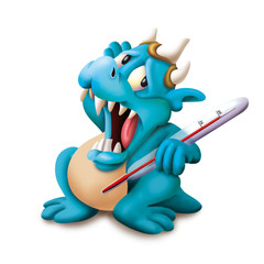 Fototapeta na wymiar Sick blue monster thermometer, Dragon, alien, cute mascot open mouth