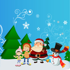 Santa Claus with kid in Christmas snow scene.