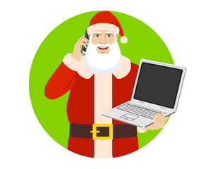 Santa Claus talking on the mobile phone and  holding laptop computer