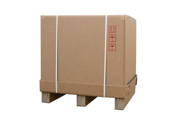 Cardboard boxes on a pallet. Isolated on white background. Large box for export goods. Cargo delivery and transportation logistics
