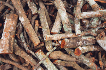 Stacks of dry textured firewood closeup.