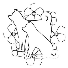 dogs mascots silhouettes with flowers vector illustration design