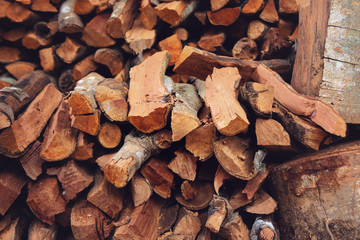 Stacks of dry textured firewood closeup. Preparation for the winter.