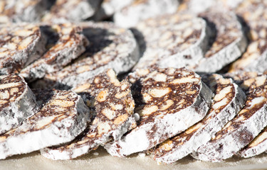 Sliced Chocolate salame, close-up