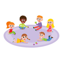 vector flat boys and girls sitting, lying at carpet playing with train, cubics toys and ball smiling and chating at preschool class . Isolated illustration on a white background. Kindergarten concept