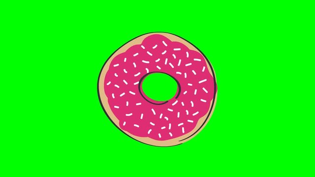 Animation of rotating donut with pink strawberry topping, animated hand drawn cartoon illustration, loop able, on chroma key green screen background.