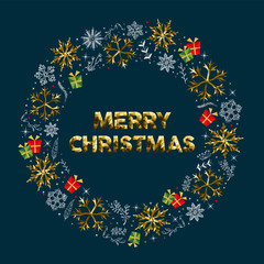 Merry Christmas gold winter wreath greeting card
