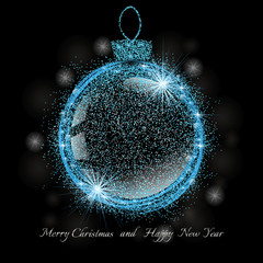 Shiny blue christmas ball of sparkles and stars for Christmas celebrations on a black background