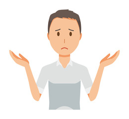 A man wearing a short sleeve shirt is shrugging his shoulders