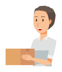 A man wearing a short sleeve shirt has a cardboard box