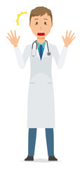 A young male doctor wearing a white coat is surprised