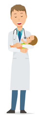 Fototapeta premium A young male doctor in a white garment holds a baby