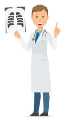 A young male doctor wearing a white suit has an X-ray picture