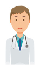 A young male doctor wearing a white suit is facing front