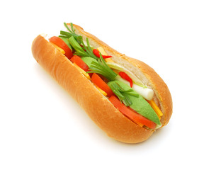 Closeup of a fresh sandwich with avocado and tomatoes