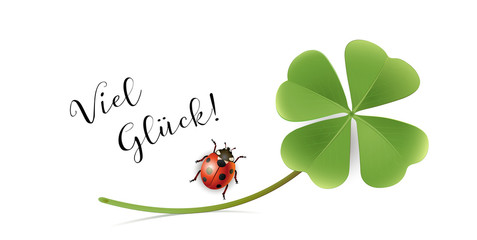 Viel Gl&uuml;ck Karte mit Kleeblatt und Marienk&auml;fer,
Gl&uuml;ckwunschkarte, Silvester Karte, Neues Jahr 2018,
Grafik Illustration isoliert auf wei&szlig;em Hintergrund