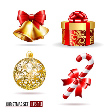 Bells, gift box, candycane and christmas ball