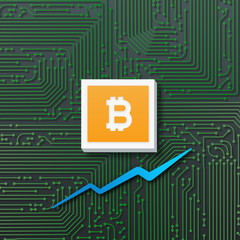 Bitcoin growth with market chart graph and circuit board. 3D illustration