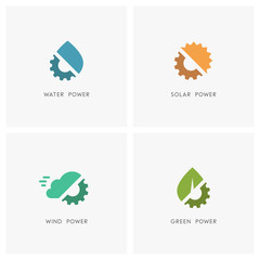 Green energy logo set. Drop of water, the sun, cloud, leaf and gear wheel or pinion symbol - solar, wind and hydro power, industry, ecology and environment icons.