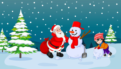 Santa Claus with snowman and kid playing snow