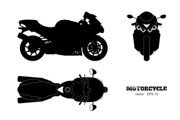 Black silhouette of motorcycle. Side, top and front view. Detailed isolated blueprint of motorbike on white background