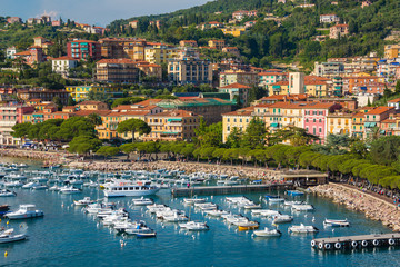 Bay with boats next to Lerici town in Liguria, Italy