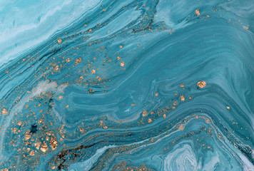 Marble abstract acrylic background. Nature blue marbling artwork texture. Golden glitter. - obrazy, fototapety, plakaty