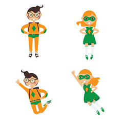 Kids characters. Lovely girl and boy in bright clothes drawn in flat style. Standing and flying like superhero. Isolated on white cartoon children