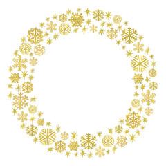 Watercolor golden snowflakes arranged in a circle frame. Christmas and New Year template