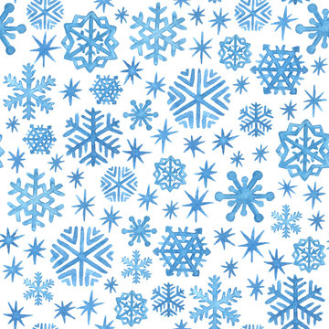 Hand painted watercolor snowflakes and stars. Christmas and New Year seamless pattern