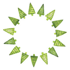 Decorative circle frame of watercolor hand painted Christmas trees